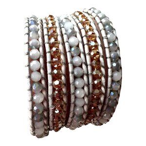 Victoria Emerson Leather Wrap Bracelet Quartz Crystal Beads 36" White Rose Gold
